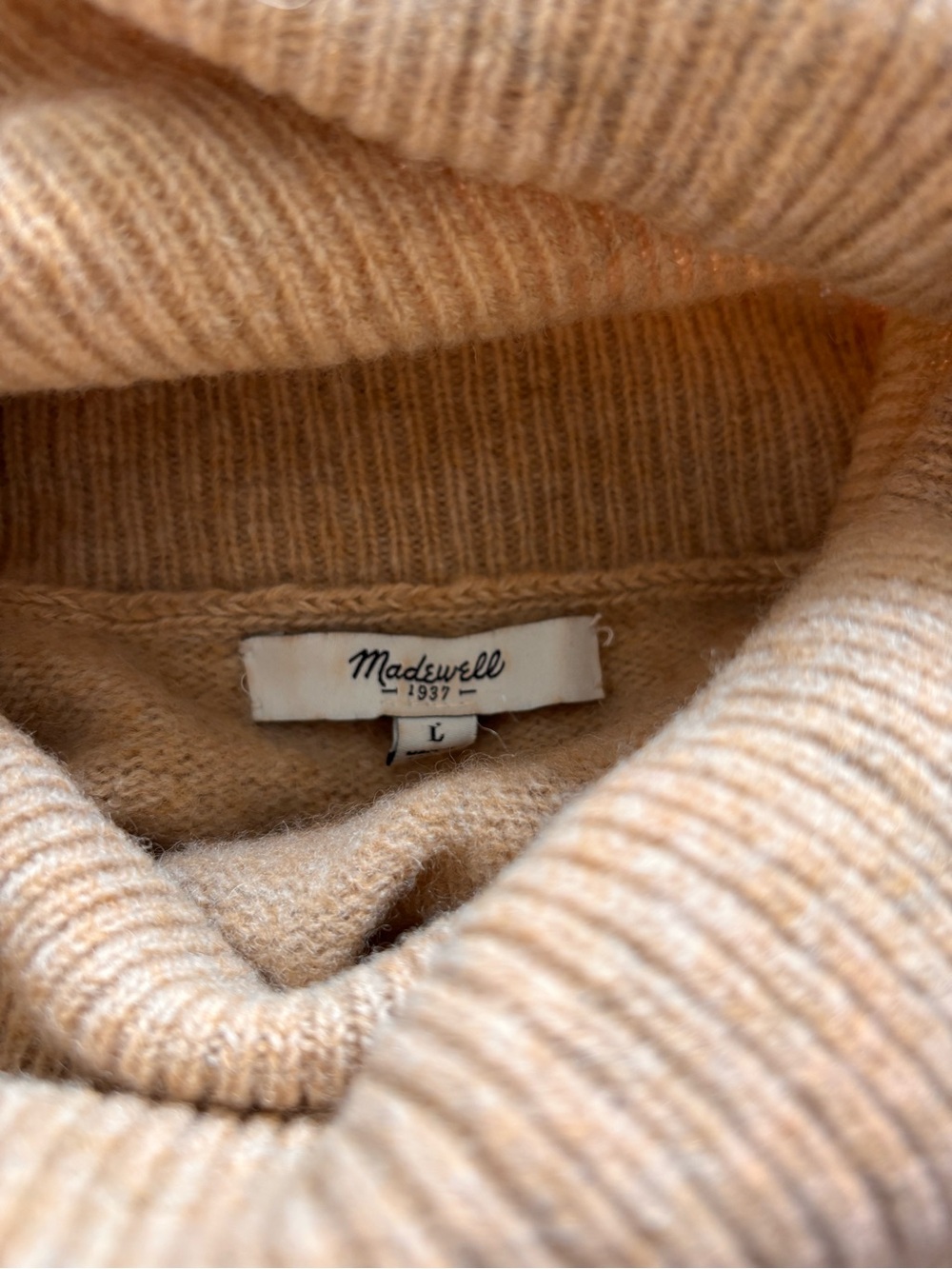 Madewell 100% Lambswool Ribbed Turtleneck Sweater Hi-Low Step Hem Camel – L